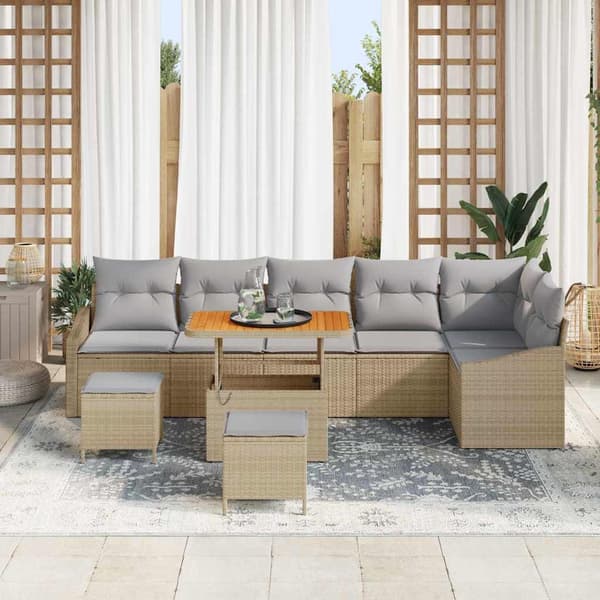 vidaXL Trädgårdsoffset med kudde 9 pcs Beige konstrotting