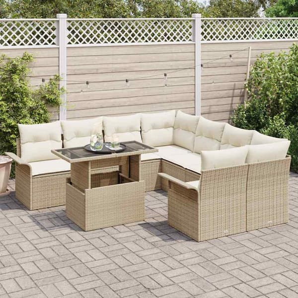 vidaXL Trädgårdsoffset med kudde med lagring 9 pcs Beige Poly Rattan