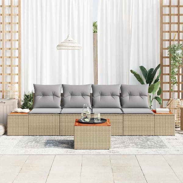 vidaXL Trädgårdsoffset med kudde 5 pcs Beige Poly rattan