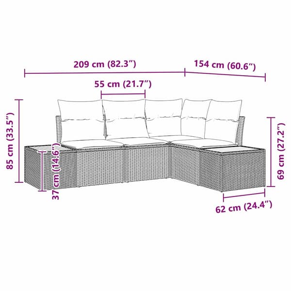vidaXL Trädgårdsoffset med kudde 5 pcs Svart Poly rattan