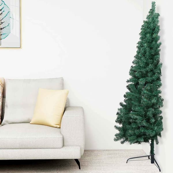 vidaXL Belyst halv plastgran med kulor grön 150 cm