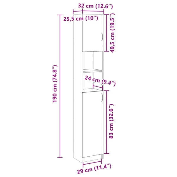 vidaXL Baderomsskap sonoma eik 32x25,5x190 cm sponplate