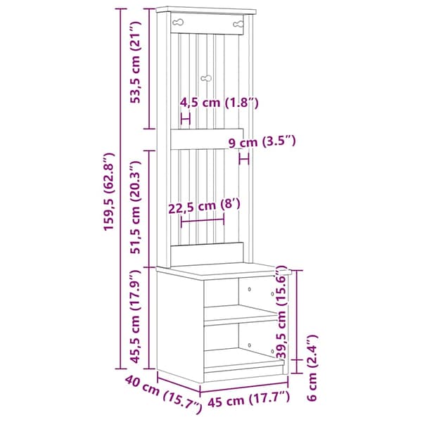 vidaXL Halltre SANDNES 45x40x159,5 cm heltre furu