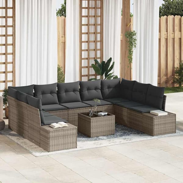 vidaXL Trädgårdssoffa Set med dyna 10 delar Grå 289 x 209 x 85 cm Polyrotting