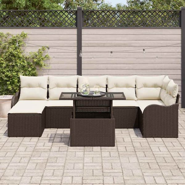 vidaXL Trädgårdsoffset med kudde 8 pcs Brun Poly rattan