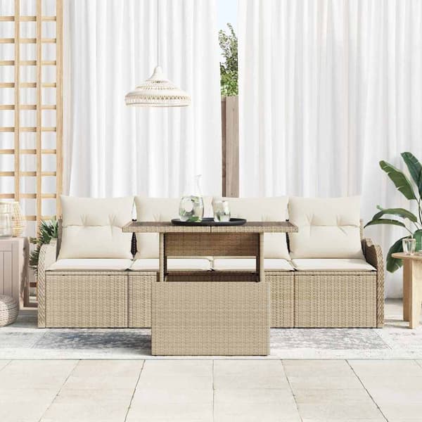 vidaXL Trädgårdsoffset med kudde med kudde 5 pcs Beige Poly Rattan