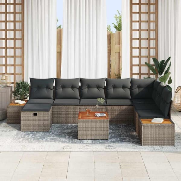 vidaXL Trädgårdsoffset med kudde 9 pcs Grå Poly rattan
