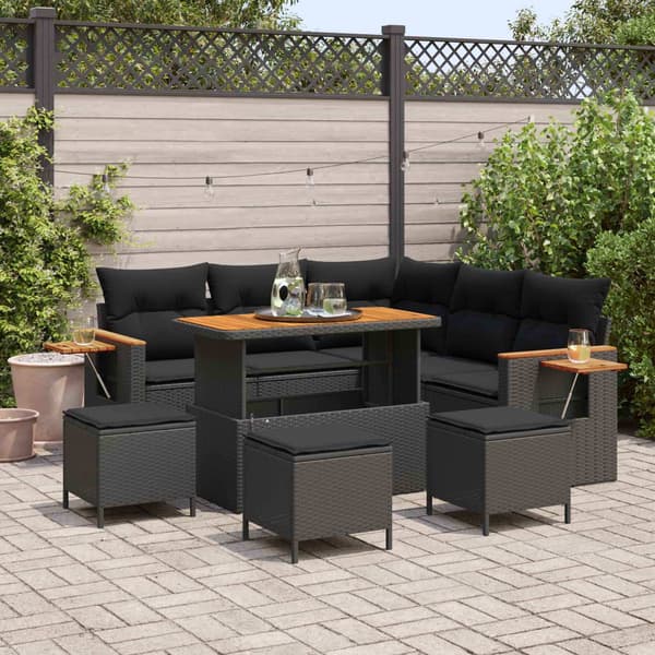 vidaXL Trädgårdsoffset 9 pcs Svart Poly Rattan och Pulverlackerad Stål