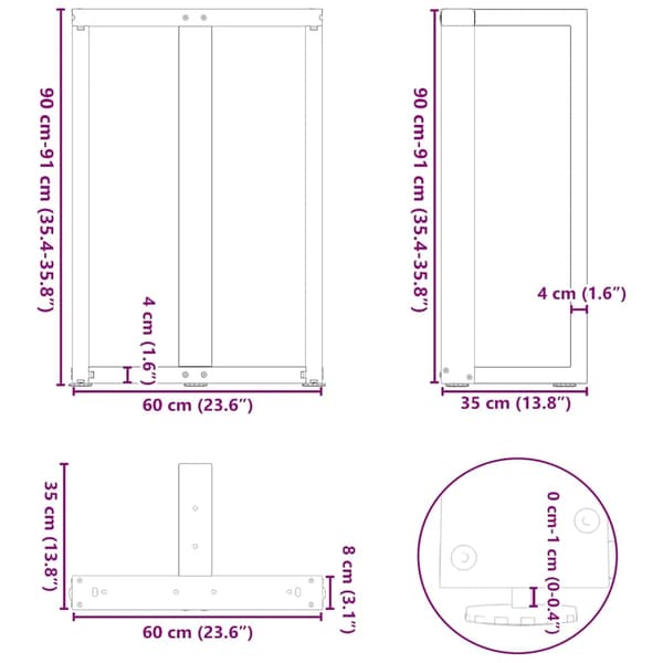 vidaXL Barbordsben T-formad 2 st svart 60x35x(90-91) cm stål
