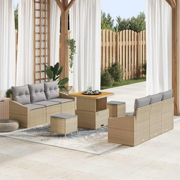 vidaXL Trädgårdsoffset med kudde 9 pcs Beige konstrotting