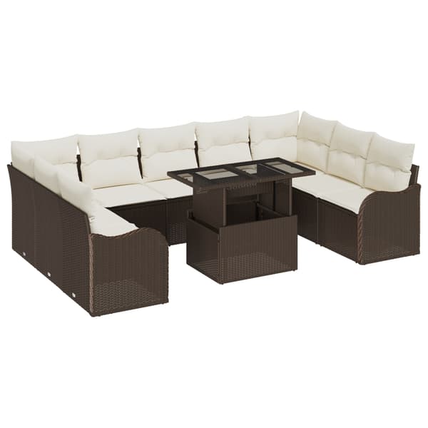 vidaXL Trädgårdsoffset med kudde 10 pcs Brun Poly rattan