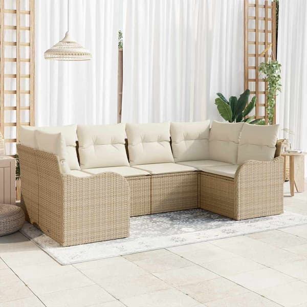 vidaXL Trädgårdsoffset med kudde 6 pcs Beige och vit Poly rattan