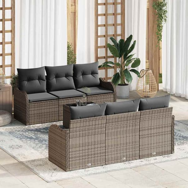 vidaXL Trädgårdsoffset 7 pcs Grå Poly Rattan och Stål och Glas