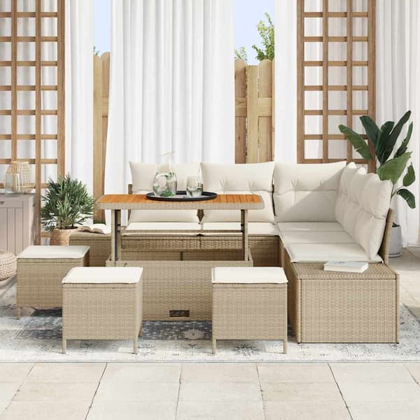 vidaXL Trädgårdsoffset med kudde med lagring 9 pcs Beige Poly rattan