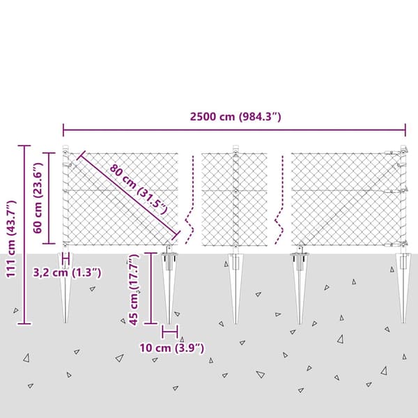 vidaXL Stängselstolpe Silver 25 x 0,6 m (60 x 60 mm nät) Stål
