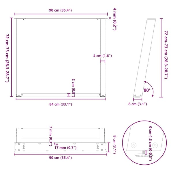vidaXL Matbordsben U-formad 2 st antracit 90x(72-73) cm stål
