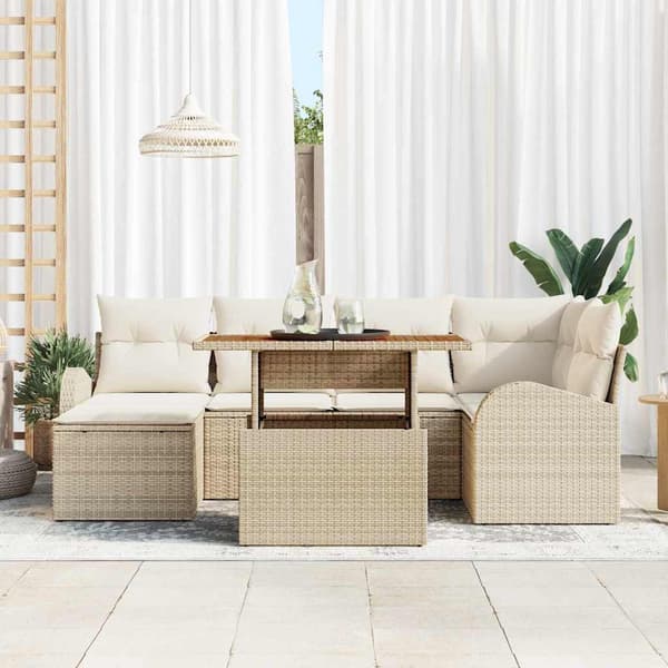 vidaXL Trädgårdsoffset med lagring 7 pcs Beige Poly rattan