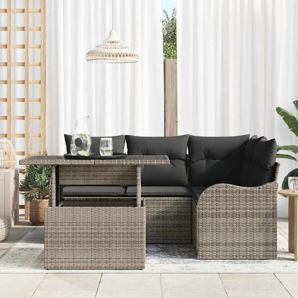 vidaXL Trädgårdsoffset med kudde med kudde 5 pcs Grå Poly Rattan