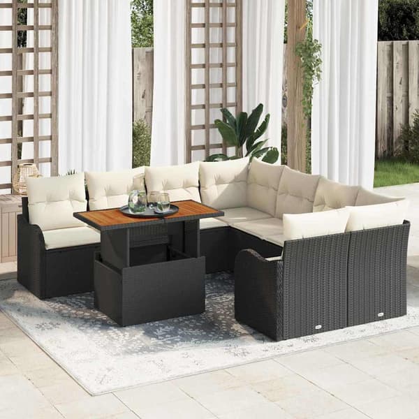 vidaXL Trädgårdsoffset med lagring 9 pcs Svart Poly rattan