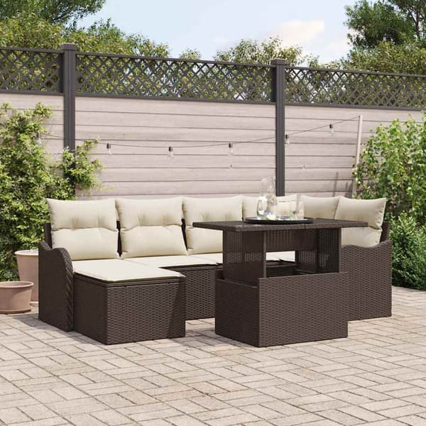 vidaXL Trädgårdsoffset med kudde 7 pcs Brun Poly rattan