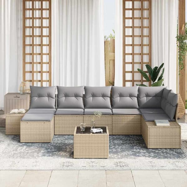 vidaXL Trädgårdsoffset med kudde 8 pcs Beige konstrotting