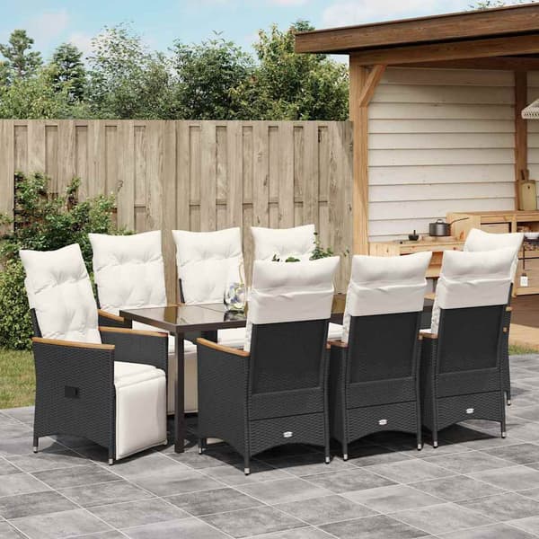 vidaXL Trädgårdsmöbelset med kudde 9 pcs Svart konstrotting