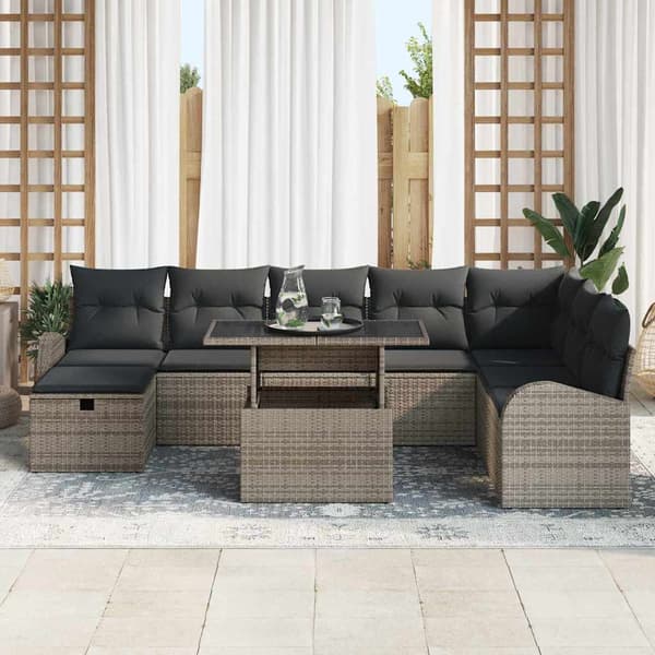 vidaXL Trädgårdsoffset med kudde med lagring 9 pcs Grå Poly rattan