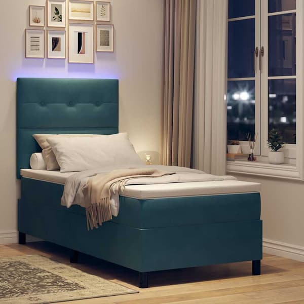 vidaXL Box Spring Säng med Madrass & LED Mörkblå 80x200 cm Sammet