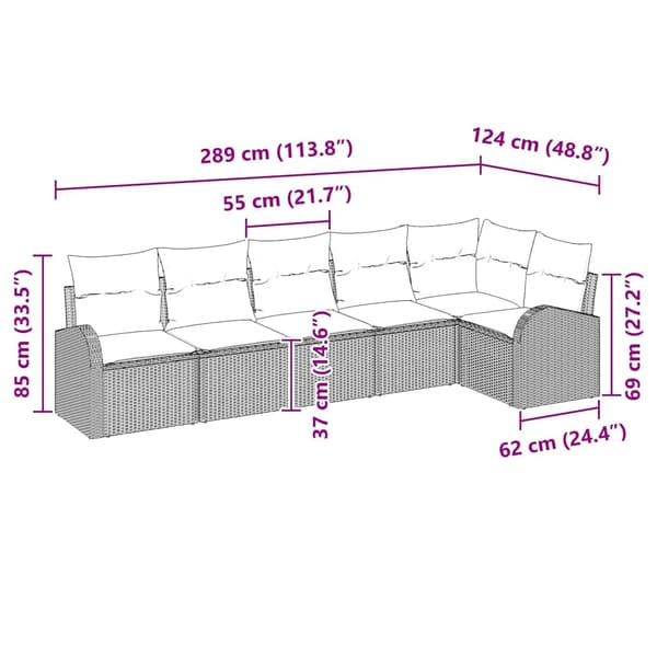 vidaXL Trädgårdsoffset med kudde 6 pcs Brun Poly rattan