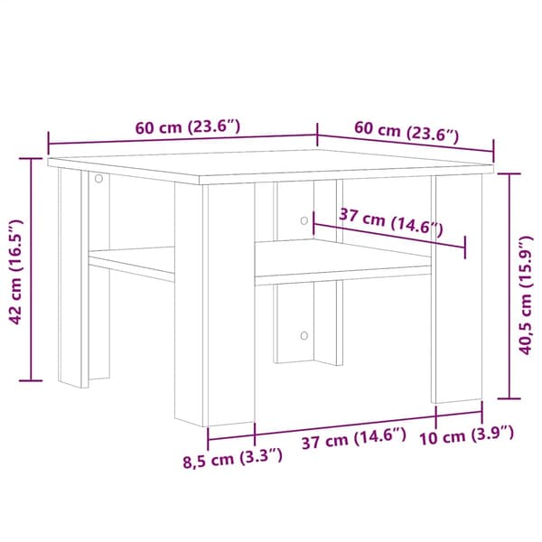 vidaXL Salongbord artisan eik 60x60x42 cm konstruert tre