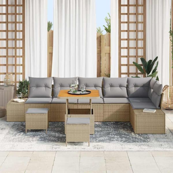 vidaXL Trädgårdsoffset med kudde 9 pcs Beige konstrotting