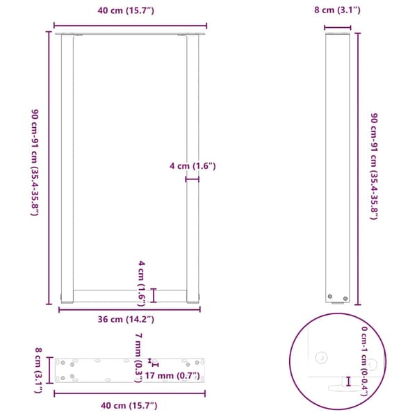 vidaXL Soffbordsben U-formade 2 st antracit 40x(90-91) cm stål