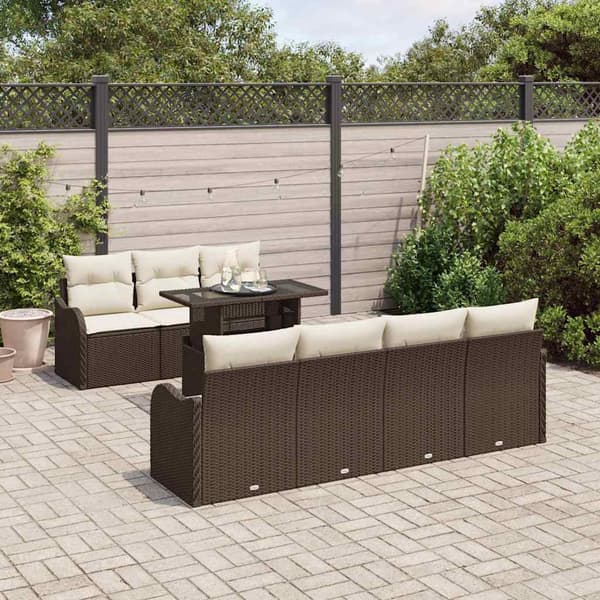vidaXL Trädgårdsoffset med kudde 8 pcs Brun Poly rattan