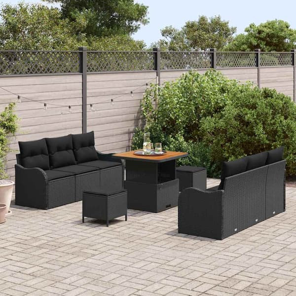 vidaXL Trädgårdsoffset med kudde 9 pcs Svart konstrotting