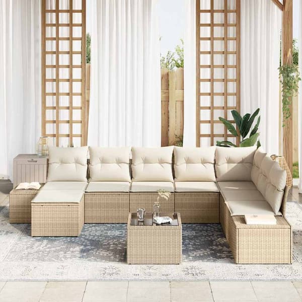 vidaXL Trädgårdssoffa Set med dyna 9 delar Beige polyrotting