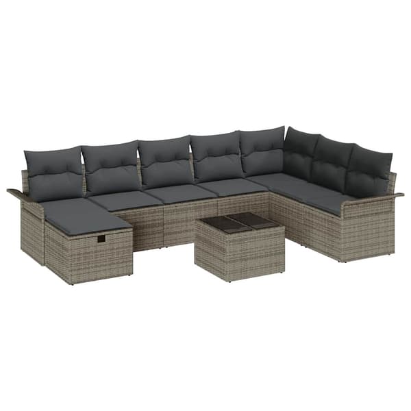 vidaXL Trädgårdsoffset med kudde med lagring 9 pcs Grå Poly rattan