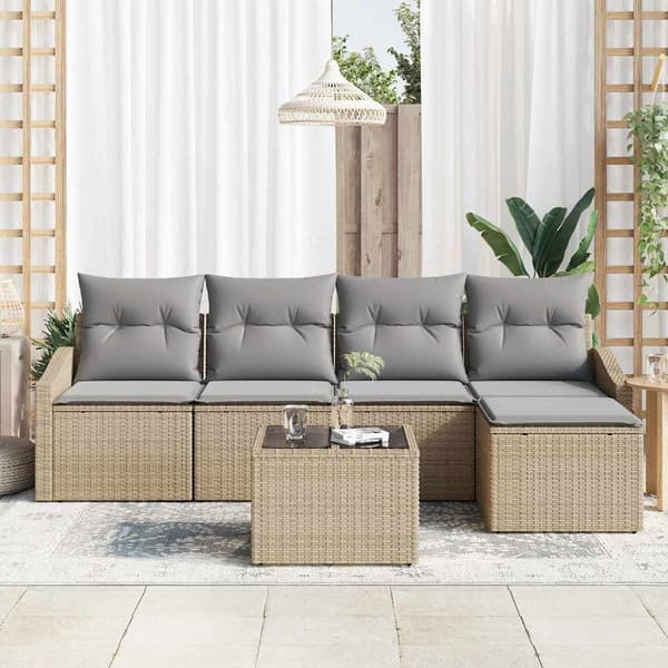 vidaXL Soffgrupp med kudde 6 delar Beige polyrotting