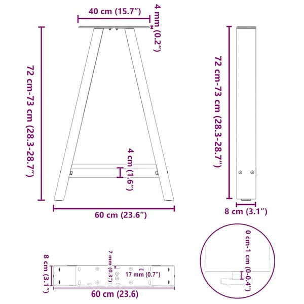 vidaXL Soffbordsben A-formade 2 st antracit 60x(72-73) cm stål