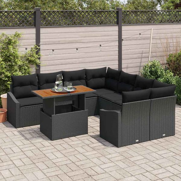 vidaXL Trädgårdsoffset med lagring 9 pcs Svart Poly rattan