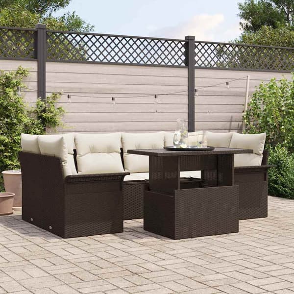 vidaXL Trädgårdsoffset med kudde med lagring 7 pcs Brun Poly rattan