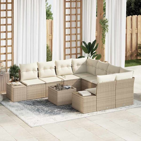 vidaXL Trädgårdssoffa Set med dyna 9 delar Beige polyrotting
