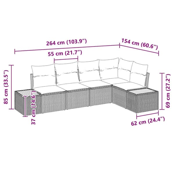 vidaXL Trädgårdsoffset med kudde 5 pcs Svart Poly rattan