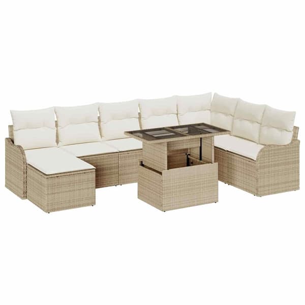 vidaXL Trädgårdsoffset med kudde 9 pcs Beige Poly rattan