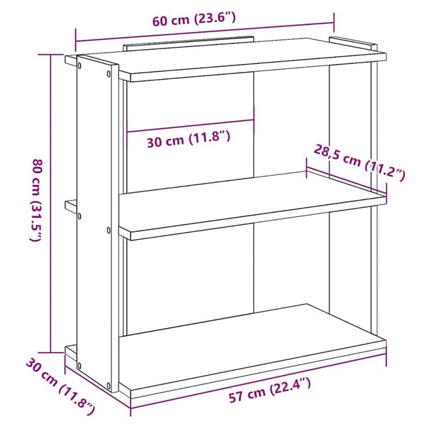 vidaXL Bokhylle 3 etasjer artisan eik 60x30x80 cm konstruert tre