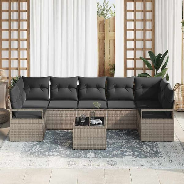 vidaXL Trädgårdsoffset med kudde 8 pcs Grå Konstrotting, Stål och Glas
