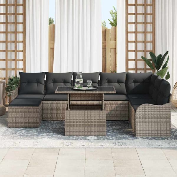 vidaXL Trädgårdsoffset med kudde med lagring 9 pcs Grå Poly rattan