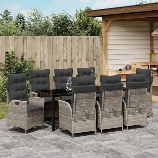 vidaXL Trädgårdsmöbelset med kudde 9 pcs Ljusgrå konstrotting