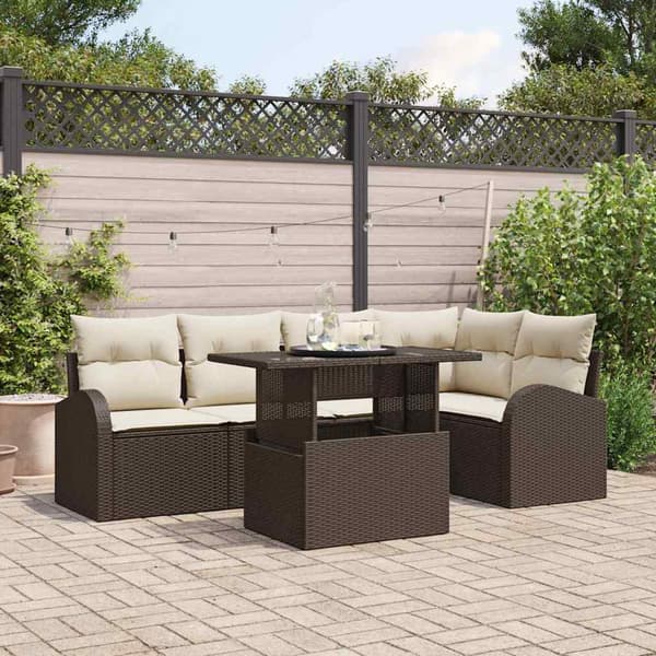vidaXL Trädgårdsoffset med kudde med lagring 6 pcs Brun Poly rattan