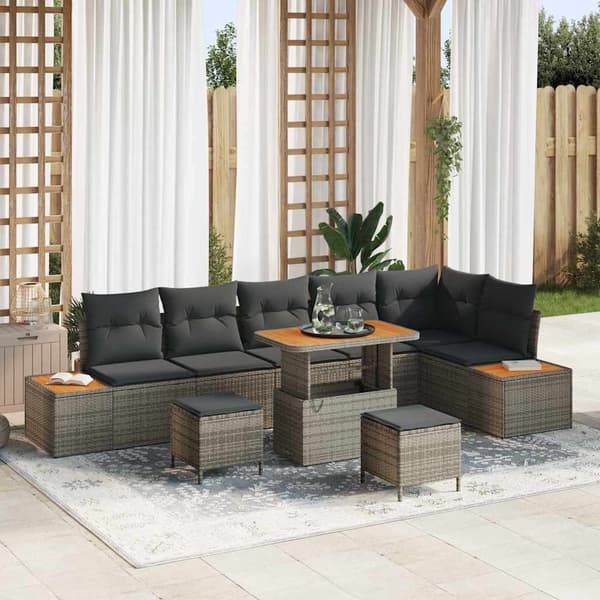 vidaXL Trädgårdsoffset med kudde med lagring 9 pcs Grå Poly rattan