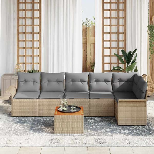 vidaXL Trädgårdsoffset med kudde 7 pcs Beige konstrotting